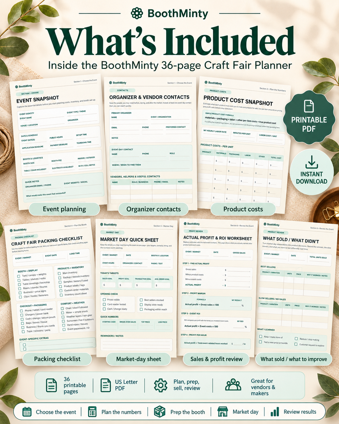 Selected real pages from the BoothMinty 36-page Craft Fair Planner
